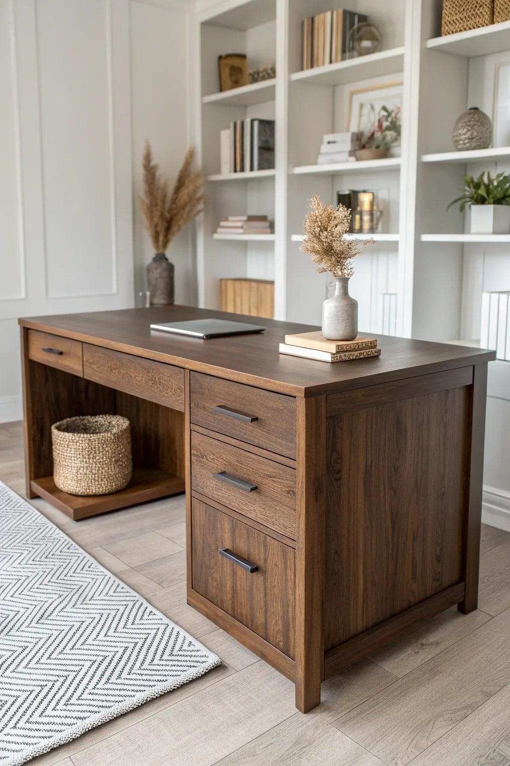 Dark walnut executive desk—bold, grounded, and beautifully minimal with handcrafted detail.