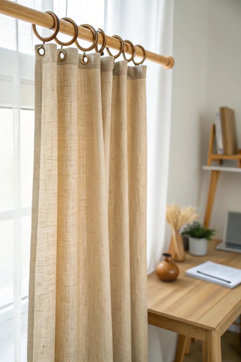Swap to textured linen curtains for instant warmth—soft light, cozy vibes, and calm focus.