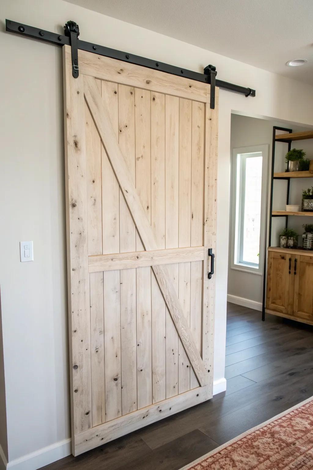 Patched tongue-and-groove barn-door pantry front with matte-black rail—minimal farmhouse charm.