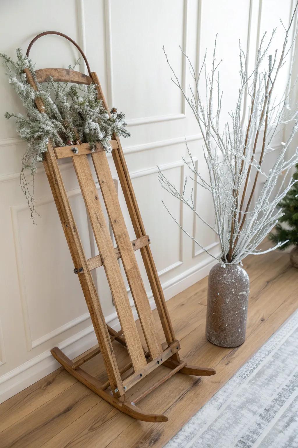 Frosted birch branches wired to a vintage wooden sled for a crisp, snowy Scandinavian look.