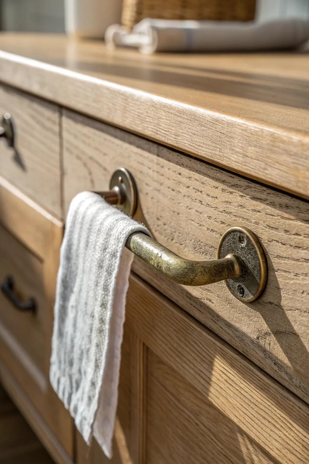 Aged metal hardware with real heft—patina and craftsmanship that make a kitchen feel collected.