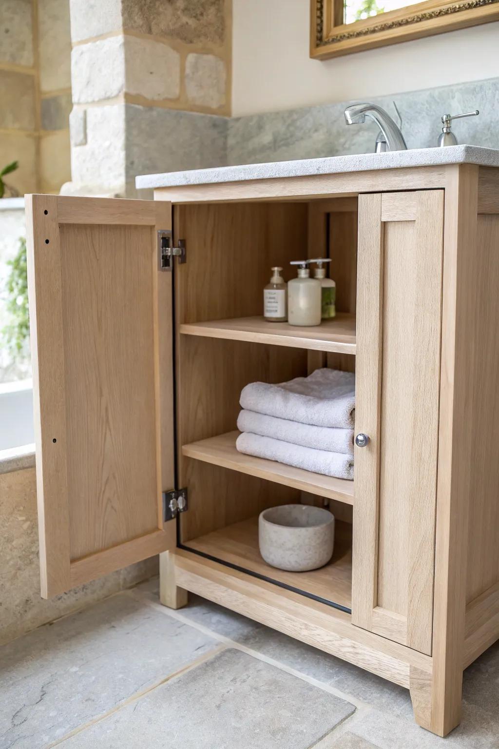 Light-wood open cabinet frame: crisp minimalist lines that make the countertop shine.