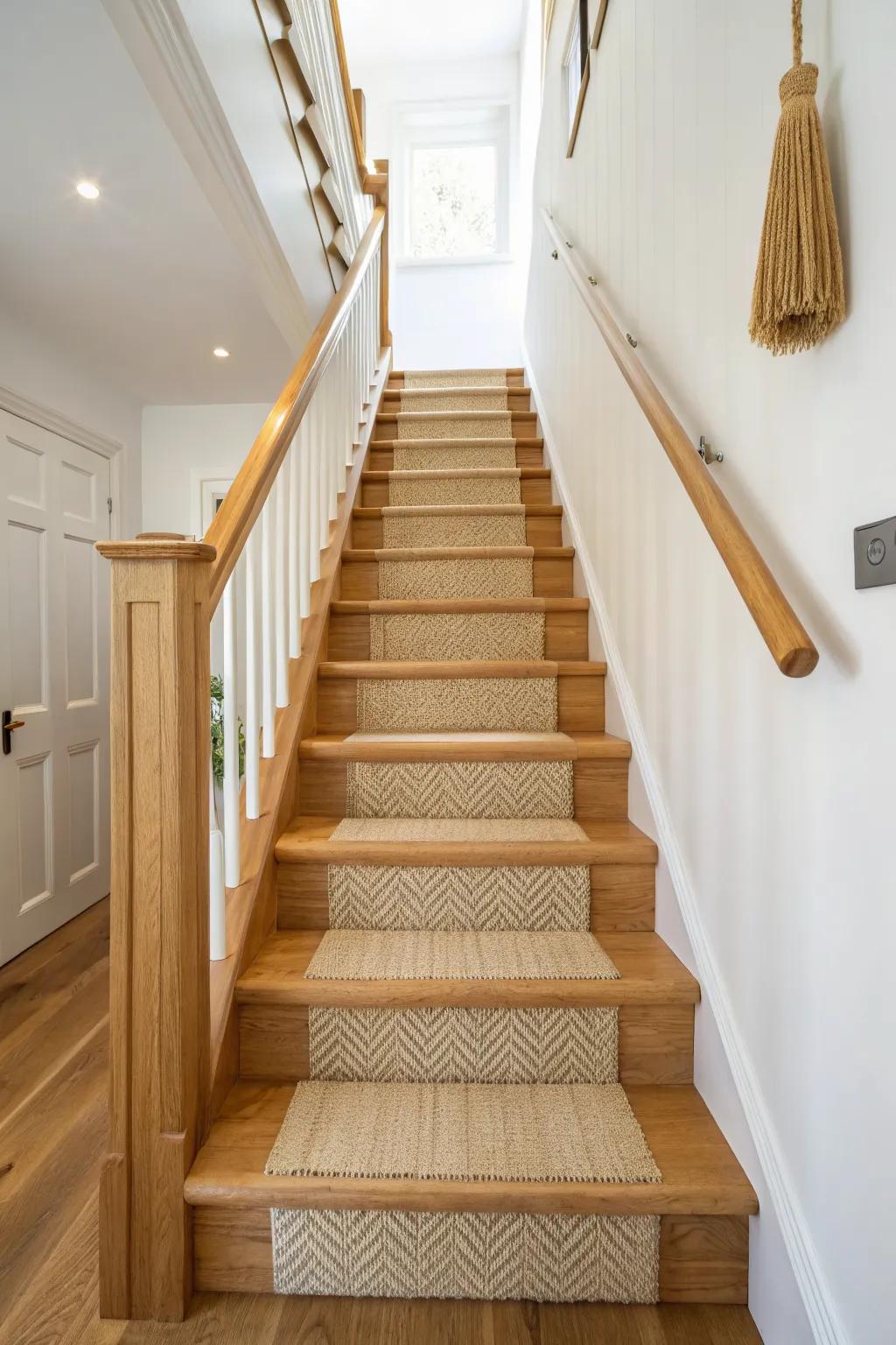 Loop-weave runner on open treads: soft texture, quiet steps, and warm Scandinavian calm.