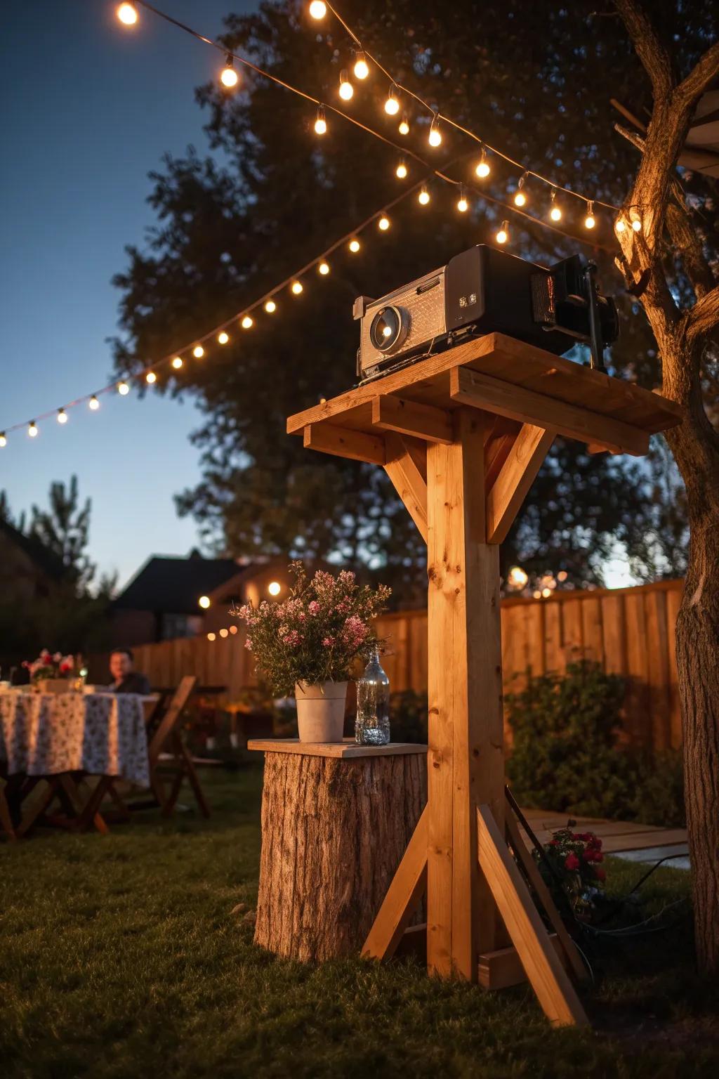 Transform your outdoor movie nights with the charm of string lights and handcrafted elegance.