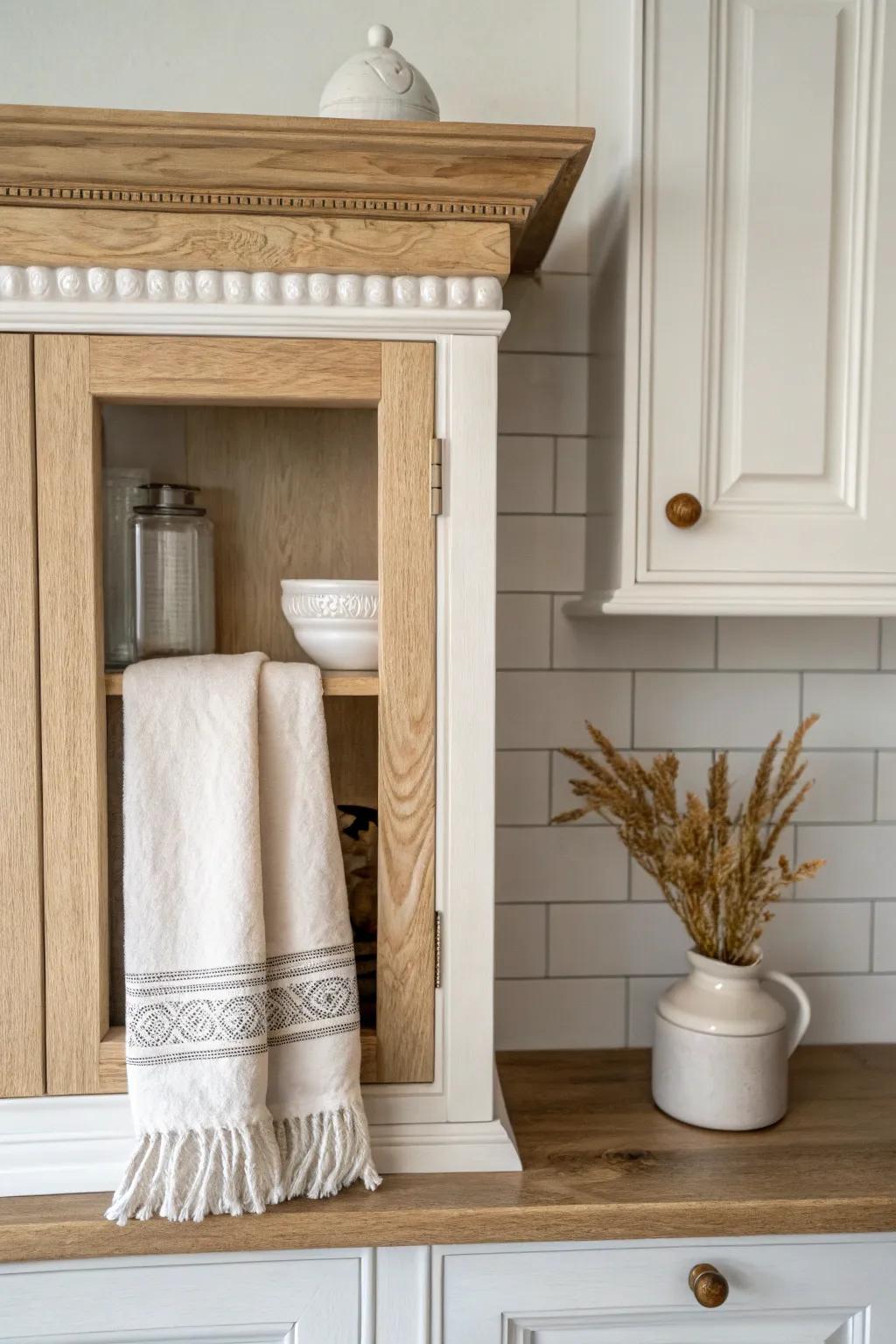 Crown molding + trim frame-out makes your over-the-stove cabinet look custom-built.