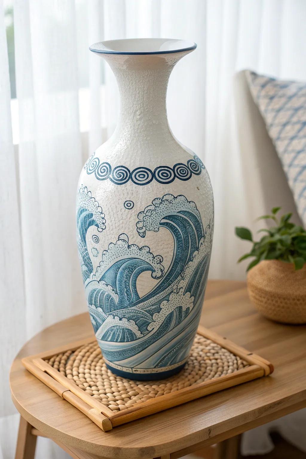 Embrace tranquility with this ocean-inspired painted vase—where minimalist design meets the calming beauty of the sea.