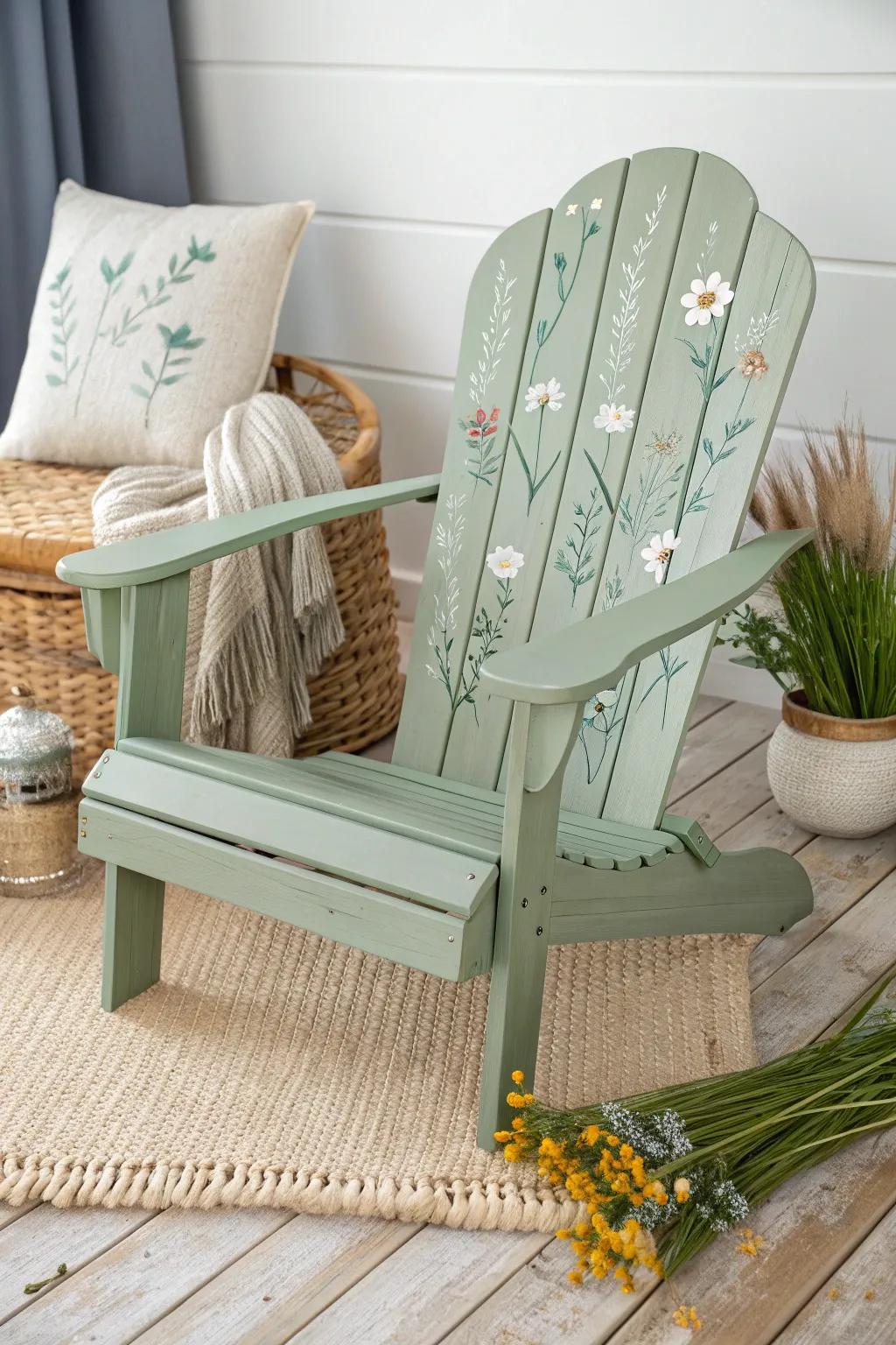 Soft sage Adirondack chair with hand-painted wildflowers—simple, feminine, and handmade.