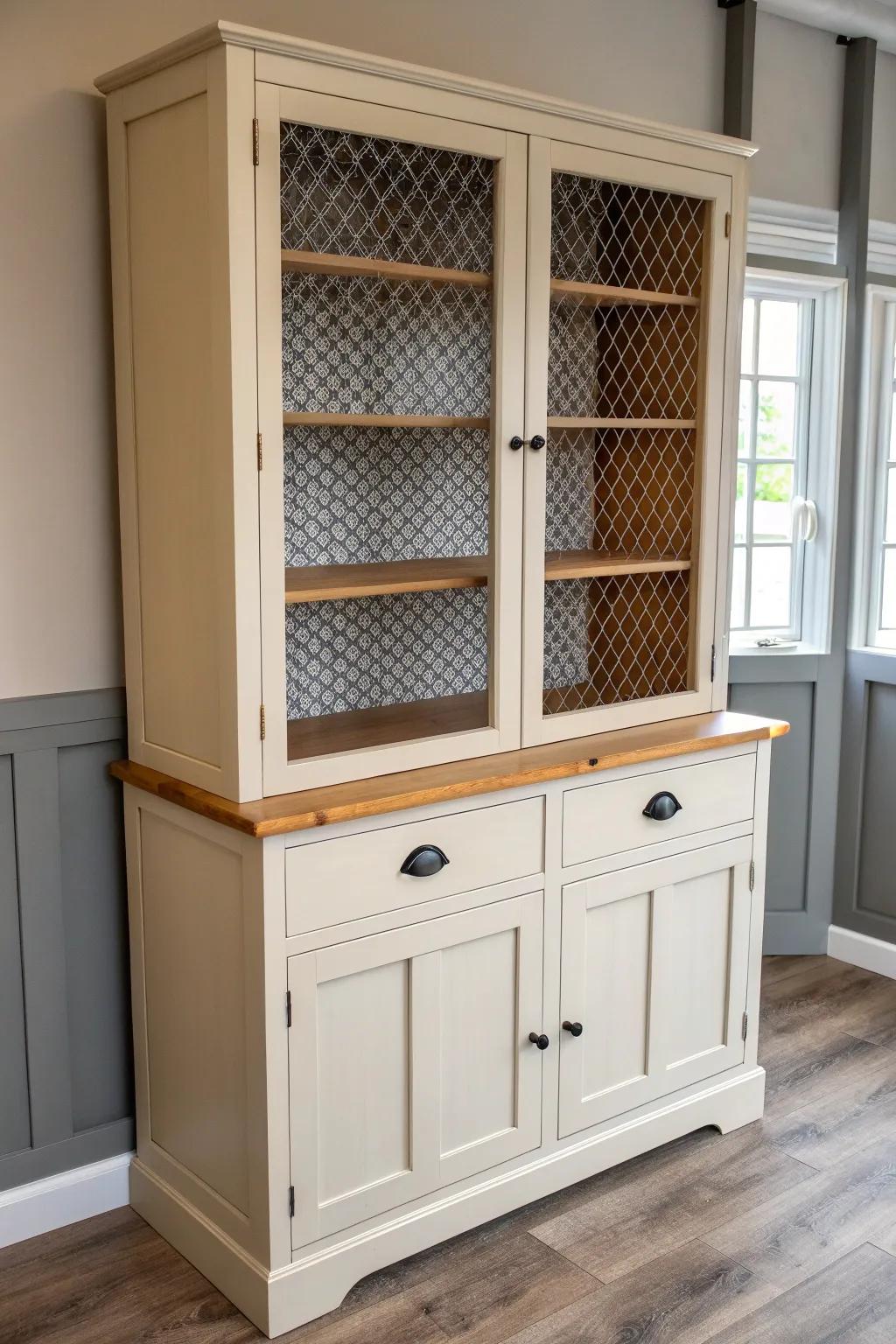 Hand-painted “wallpaper” dots on a hutch back—playful, wipeable, and beautifully minimal.