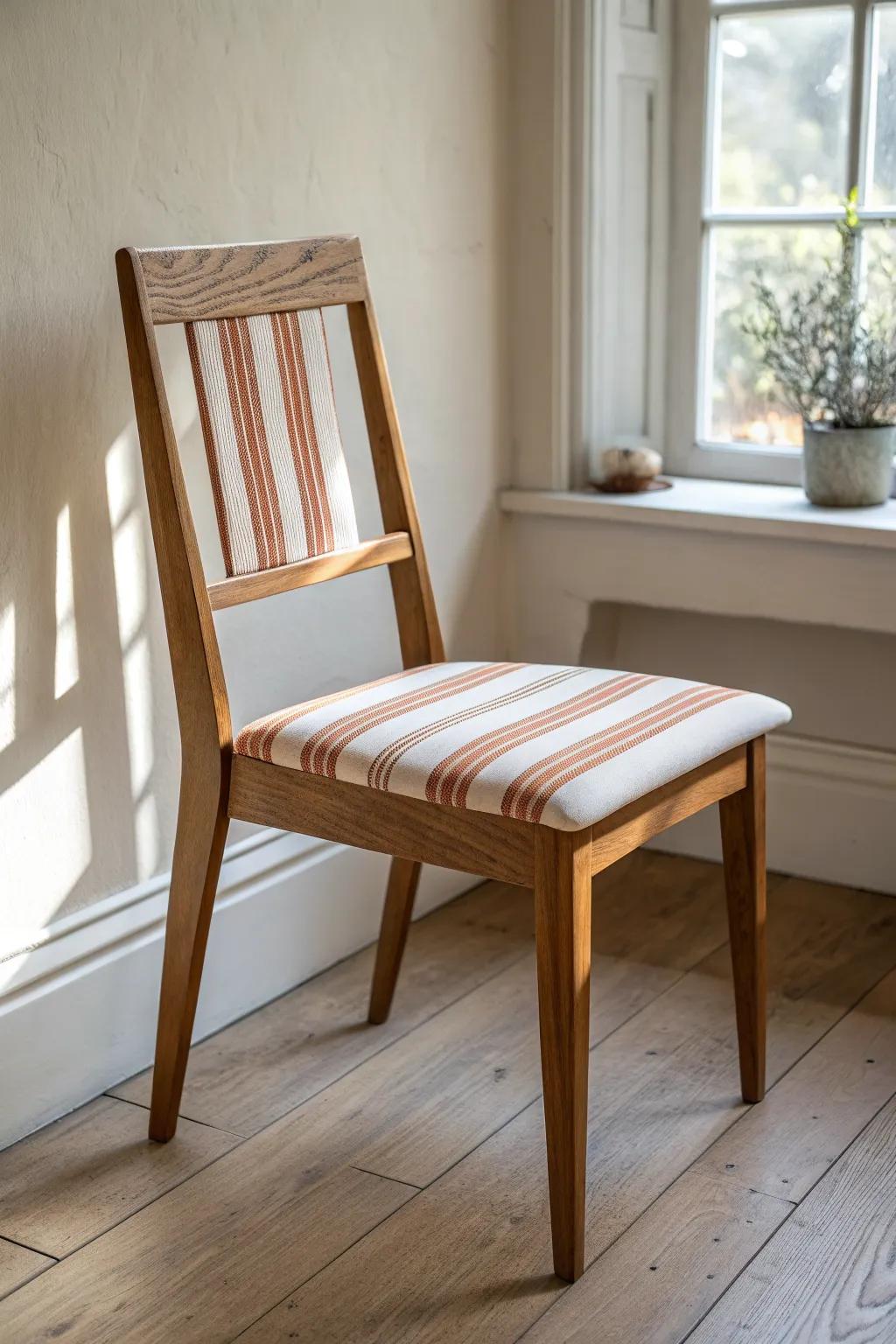 Clean striped paintwork turns a simple wooden chair into a crisp, modern statement piece.