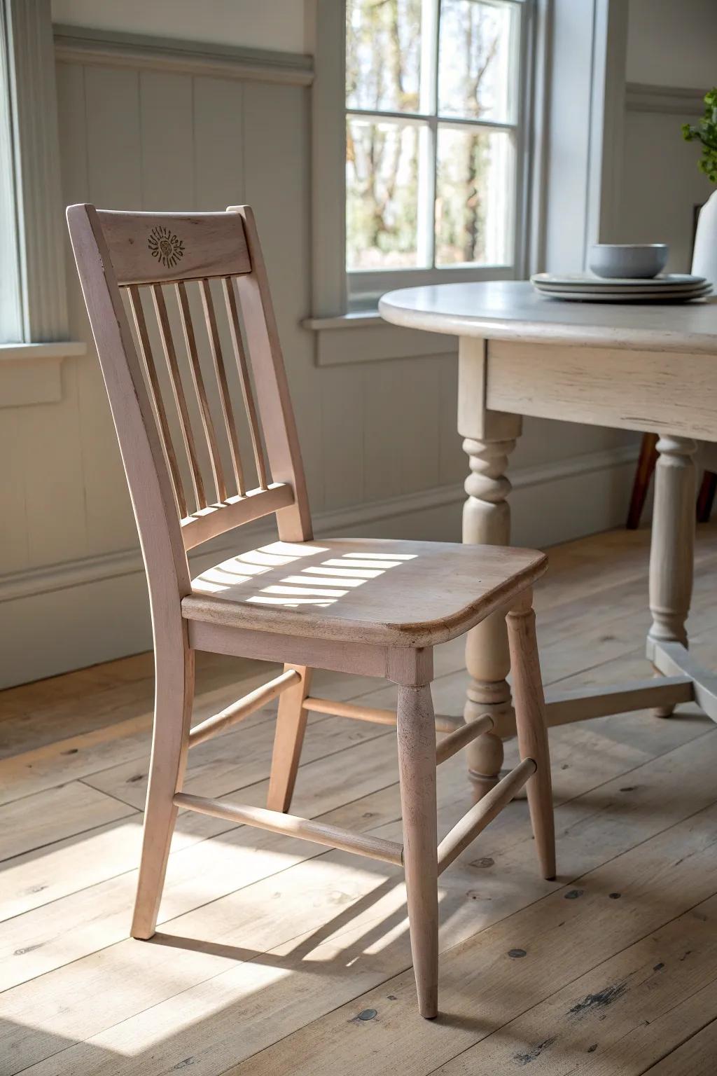 A greige painted chair with a matching table accent makes mixed seating feel instantly curated.