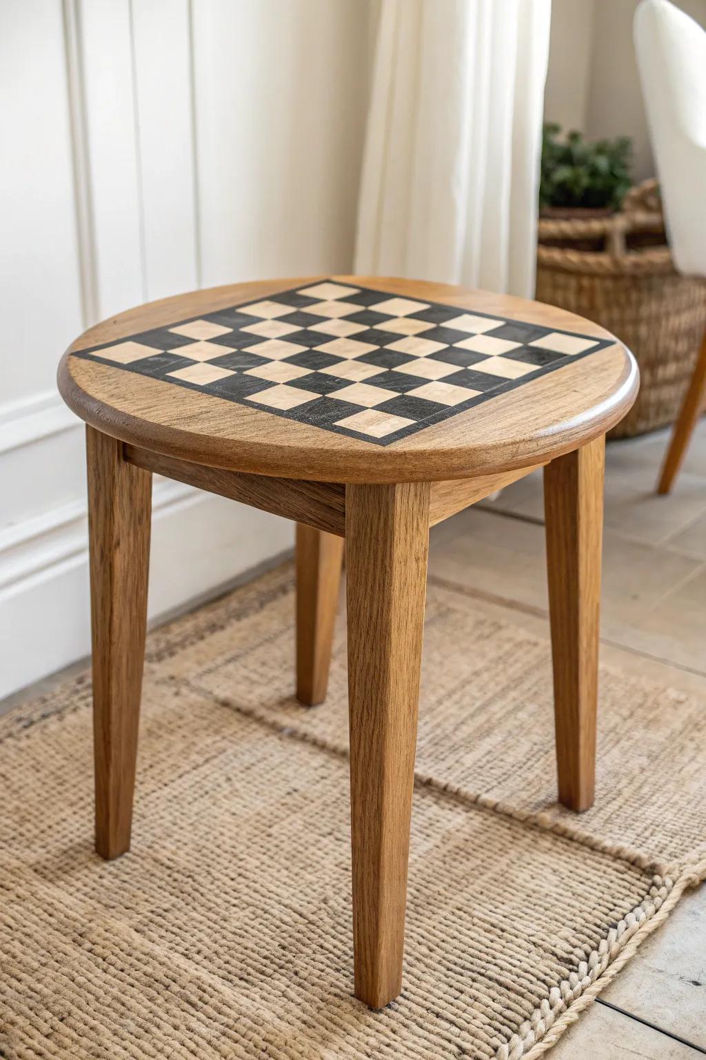 Classic black-and-cream checkerboard top that makes any end table look custom and crisp.