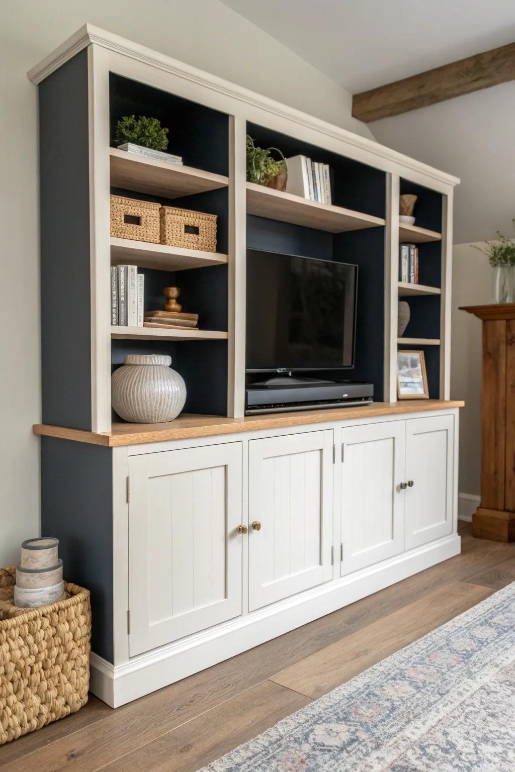 Dark painted backs add instant depth—making your entertainment center look custom built-in.
