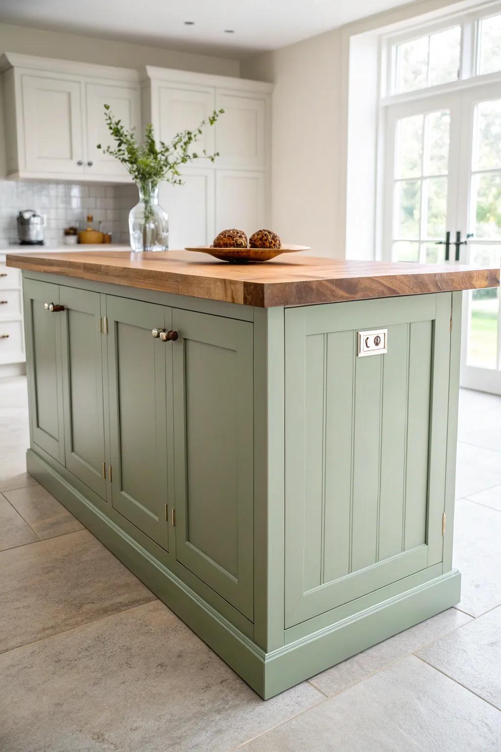 Matte sage-painted island base paired with a sealed butcher block top for warm contrast.