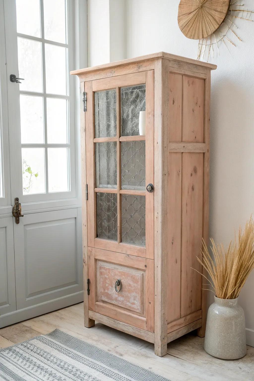 A soft blush color-wash pie safe that keeps the grain visible and the tin panels shining.