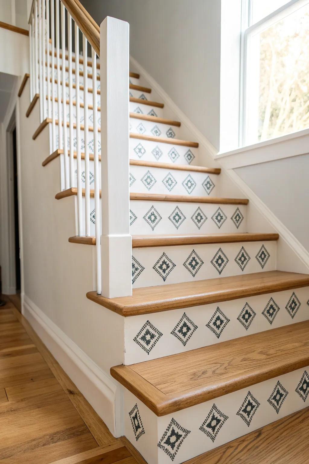 Turn plain stairs into a tile-like statement with subtle stenciled risers on warm wood.