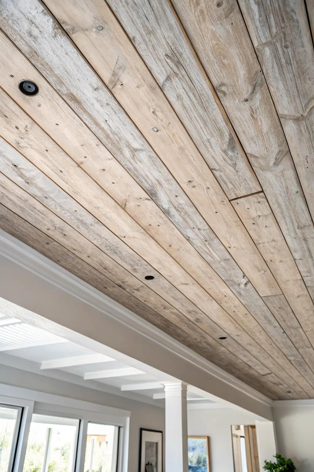 A translucent greige wash lets reclaimed ceiling boards glow—grain and knots stay beautifully visible.