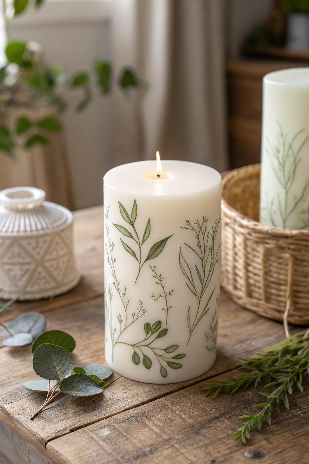 Enhance your space with nature's touch through hand-painted candle art.