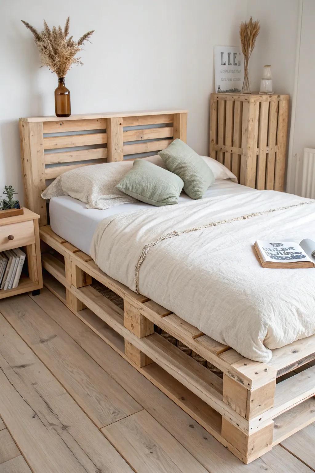 Pallet bed with built-in nightstand wings—minimal, cozy, and beautifully crafted.