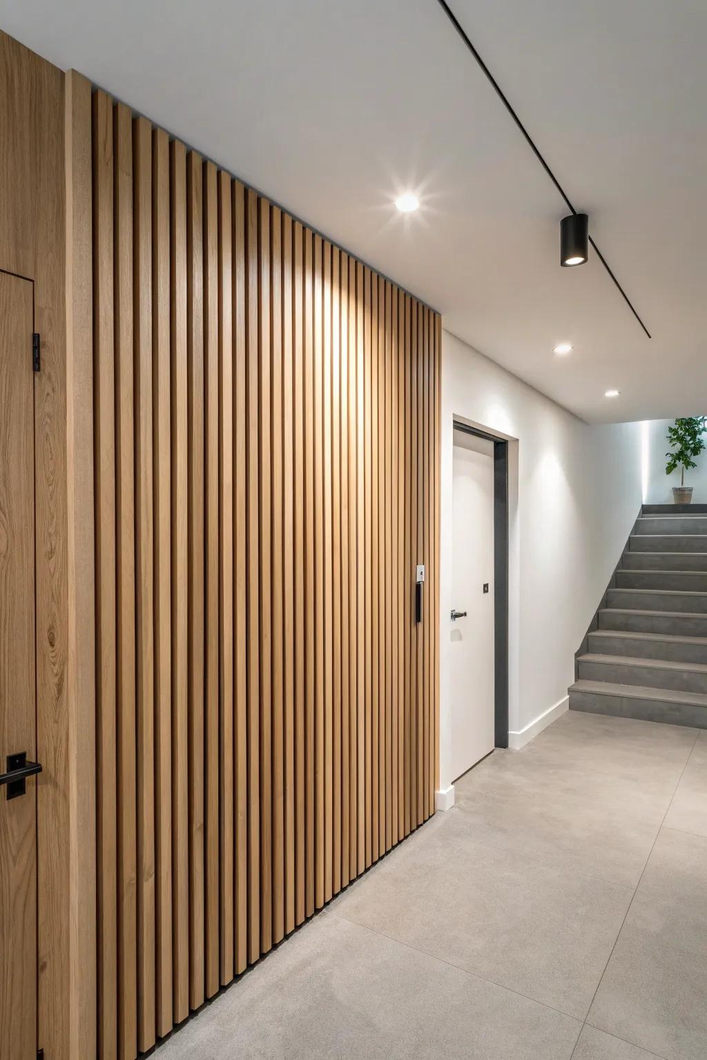 Modern oak slat wall wraps a basement doorway, hiding seams and adding instant style.