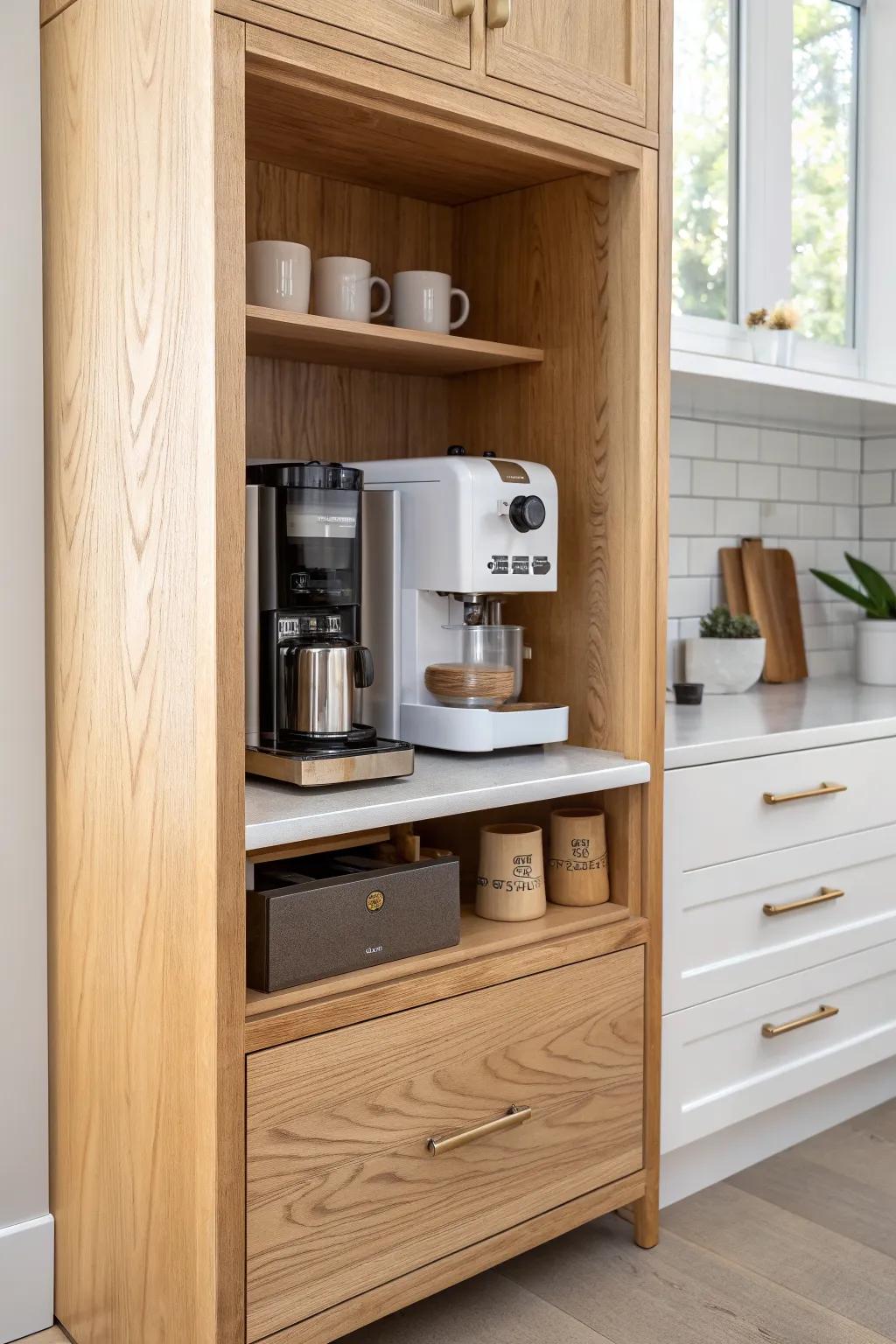 A perfectly sized wooden appliance nook that keeps bulky machines off the main counter.