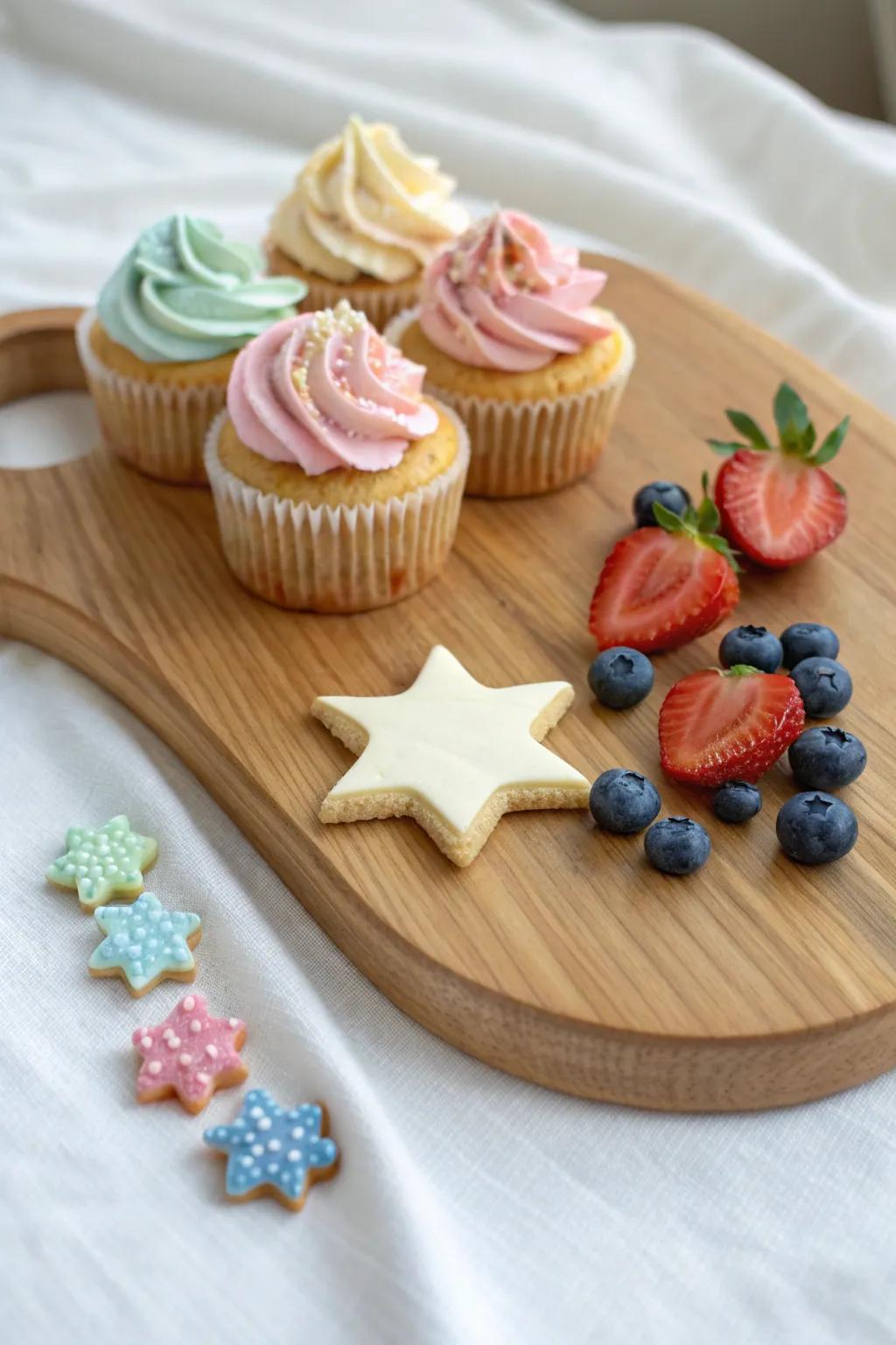 Kid birthday pastry board on a handcrafted oak board—cupcakes, cookies, fruit, and tidy candy bowls.