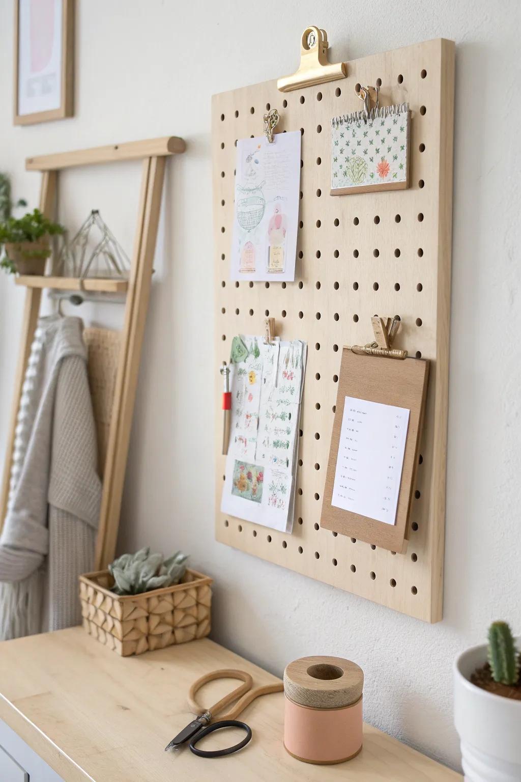 A warm wood pegboard command board that turns kids’ art + homework into a tidy mini gallery.
