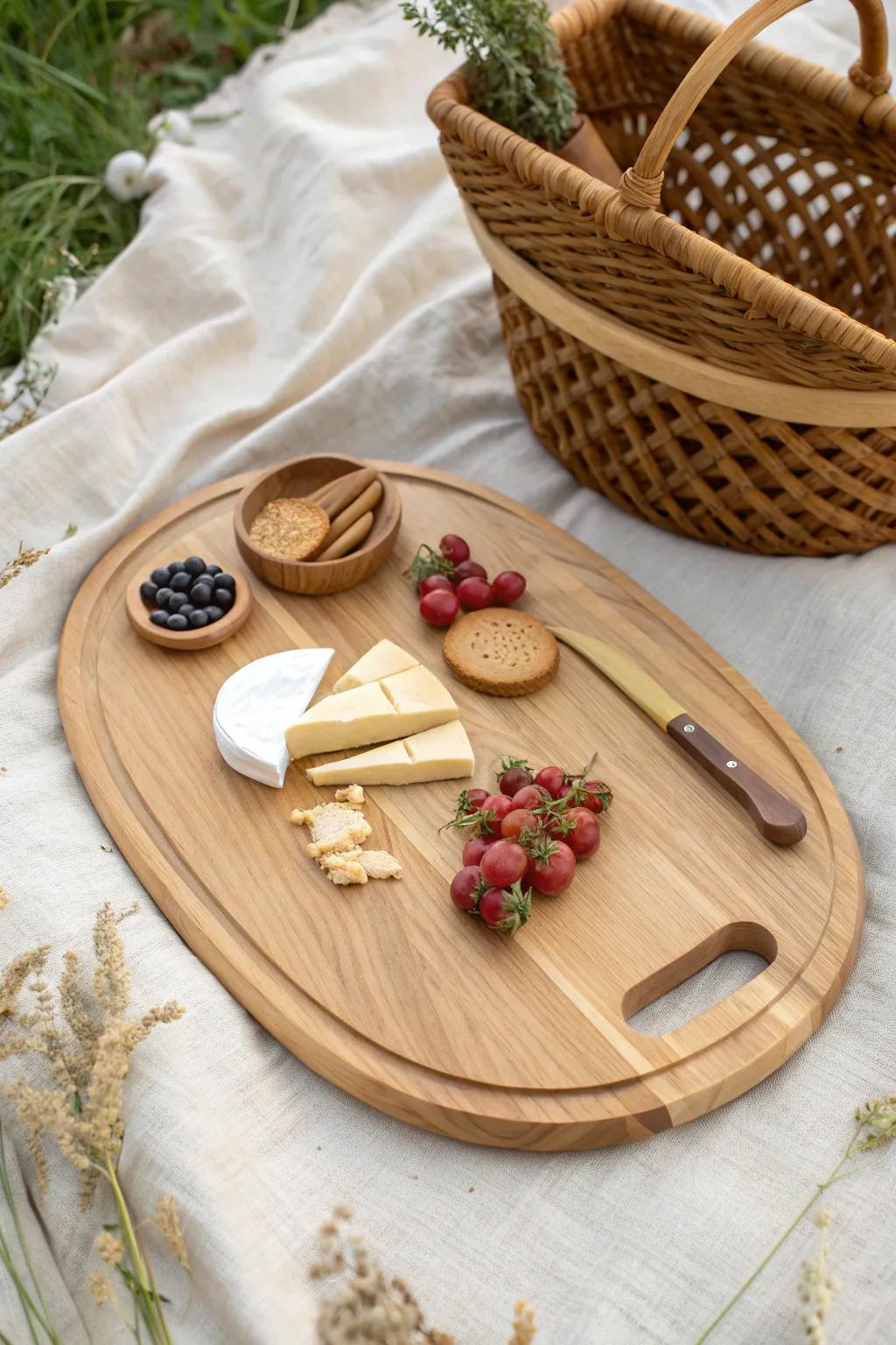 A picnic charcuterie board with a built-in knife slot—small detail, calmer setup.