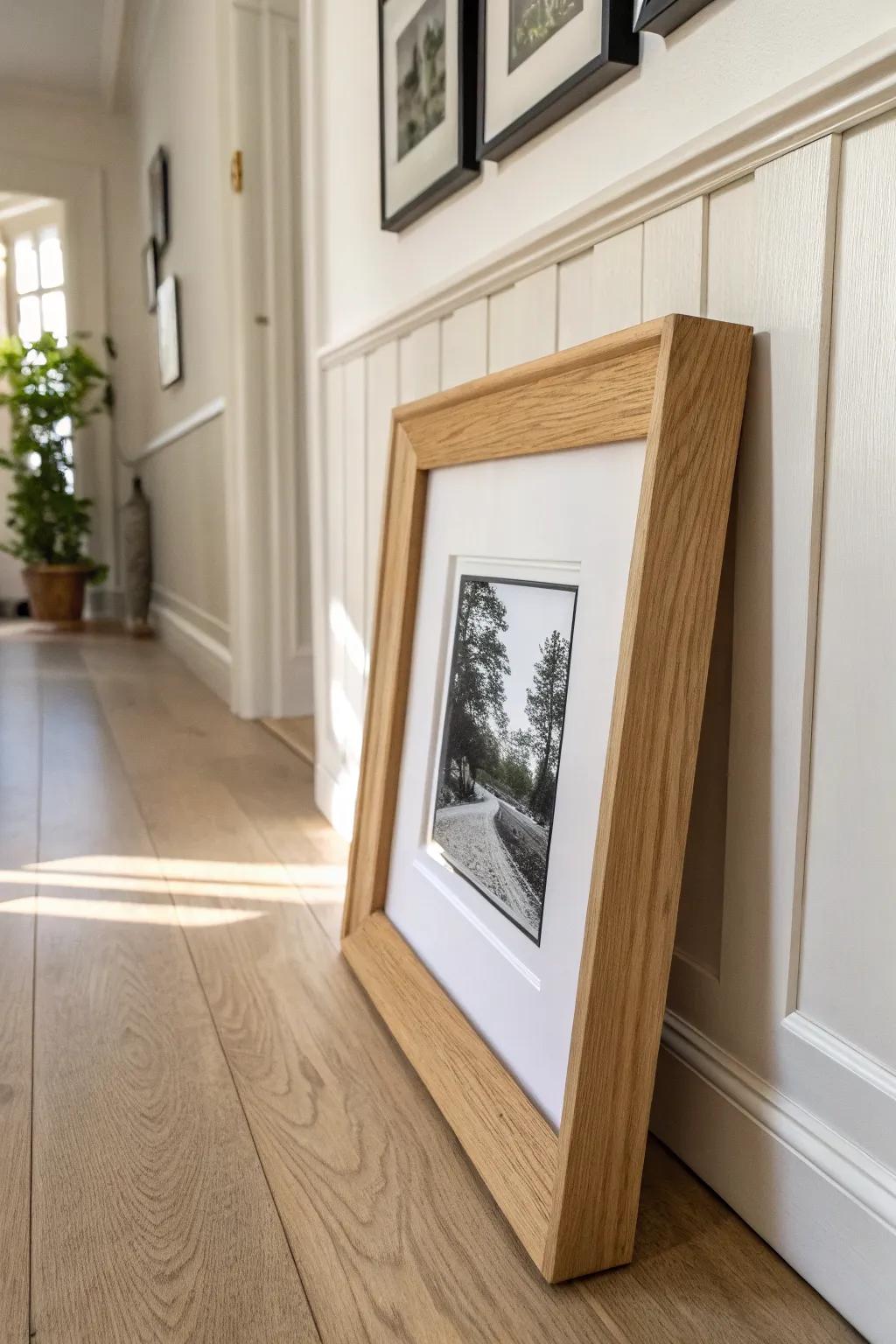 Let a warm oak frame hug the corner—turn a narrow hallway into a custom gallery moment.