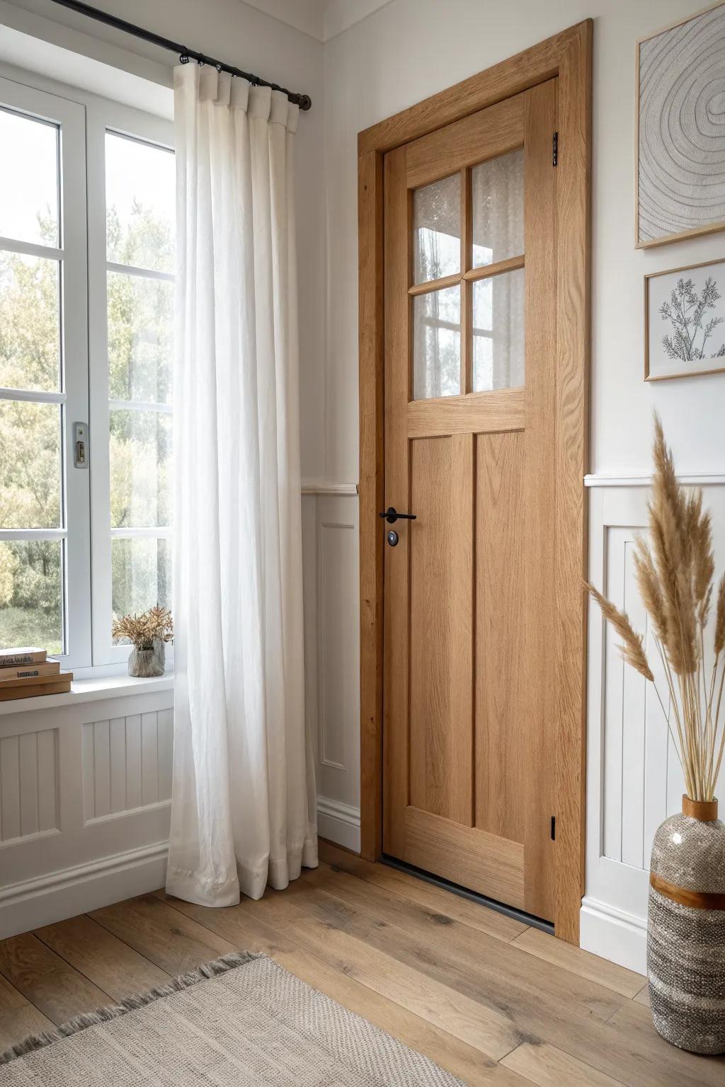 Picture frame wainscoting that wraps doors and windows for a seamless, custom built-in look.