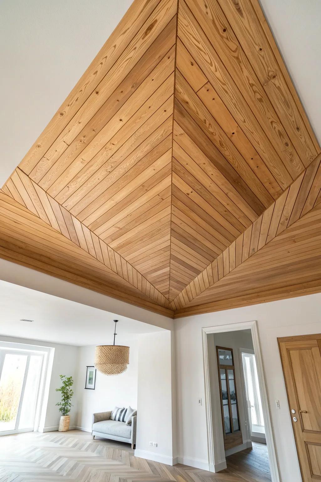 Chevron pine ceiling magic—clean lines, warm grain, and a vaulted statement that stops the scroll.