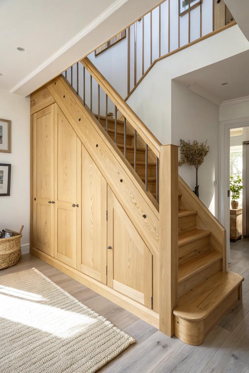 Pine under-stair built-ins that blend perfectly with matching treads—clean, calm, and crafted.