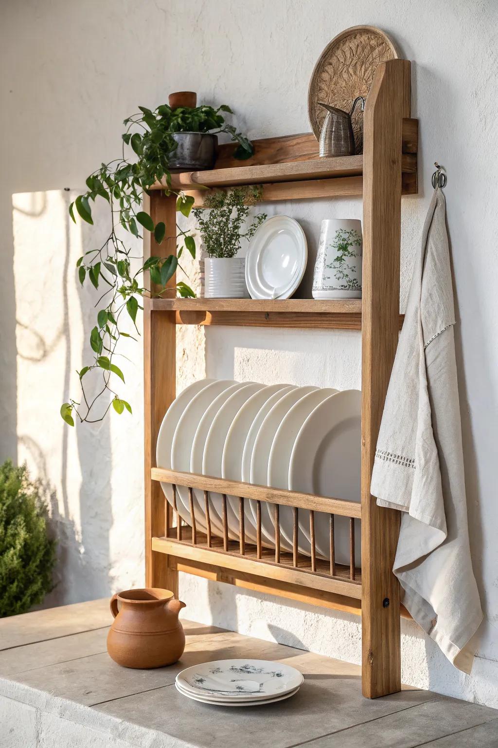 Light-oak plate rack with a slim top shelf—display plates below and style a plant above.