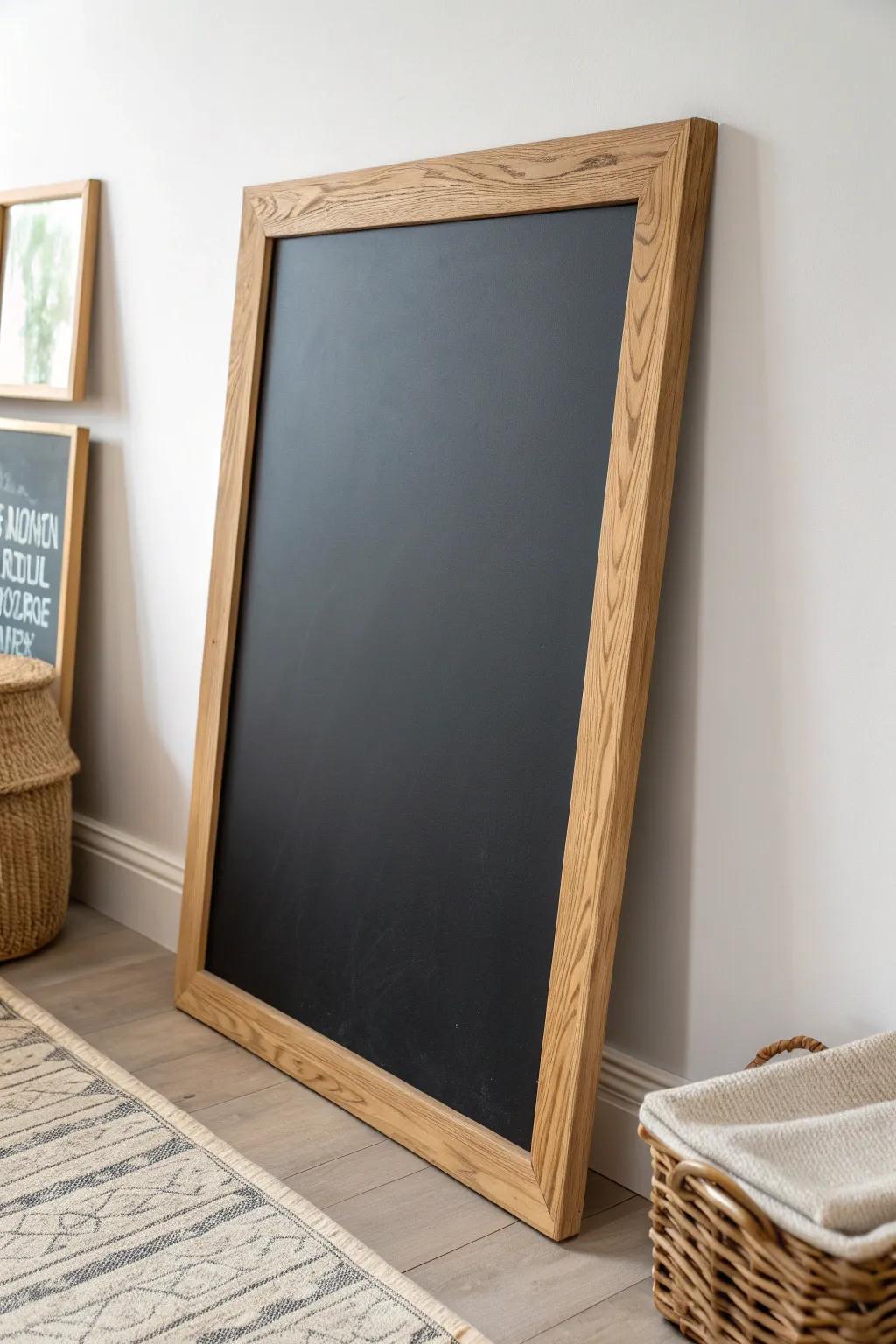 Turn a chalkboard wall into art with a warm oak frame—playful scribbles, polished look.