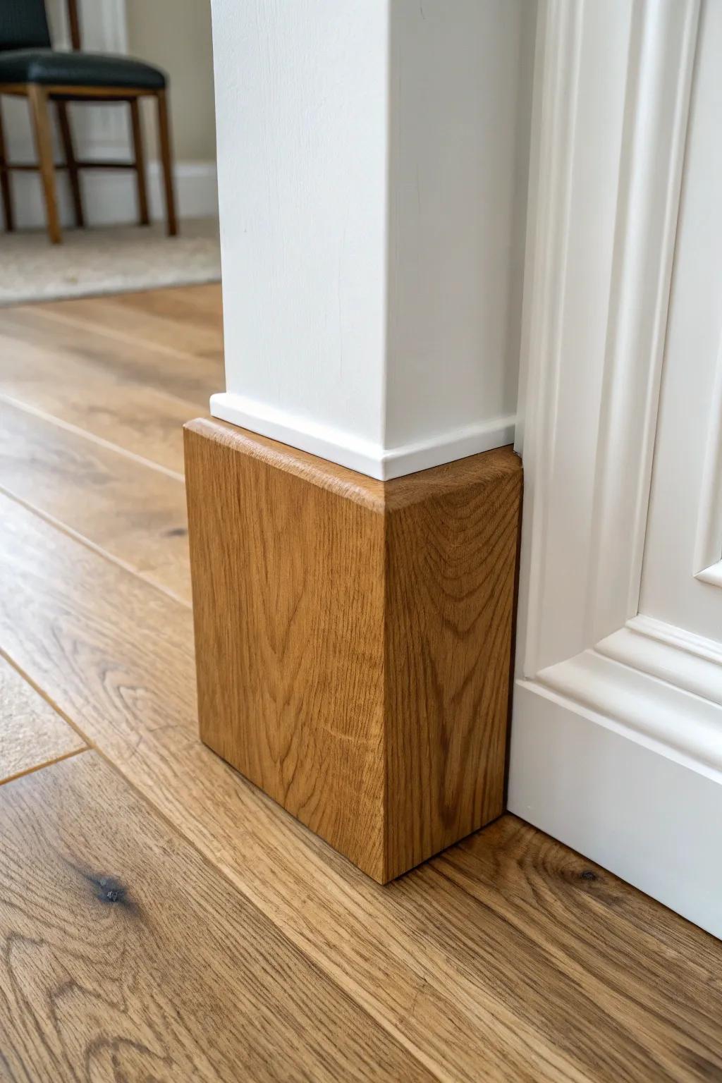 Warm stained wood plinth block on crisp white trim—subtle contrast that ties in the floor.