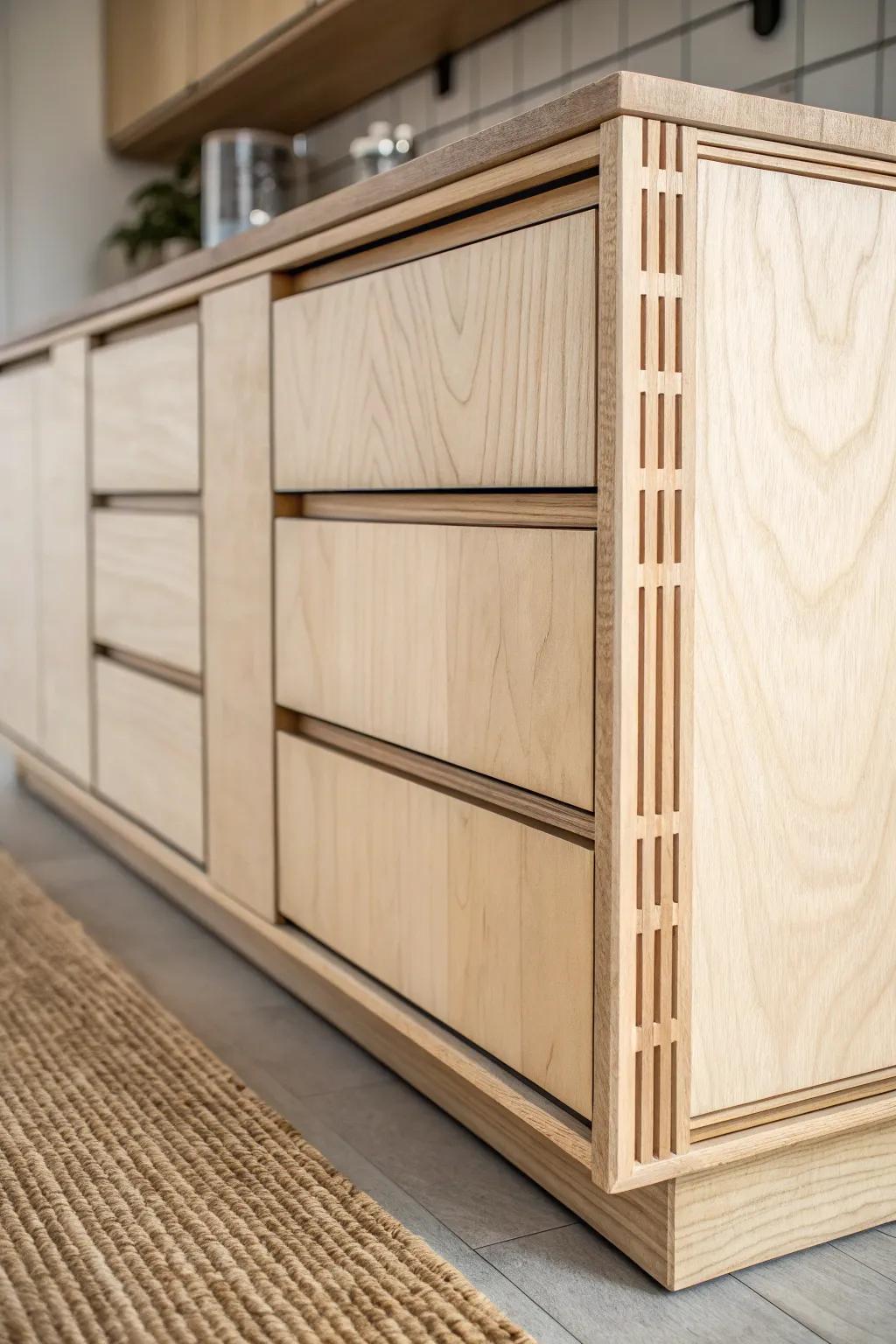 Light birch plywood fronts with dark reveals create a crisp, architectural grid effect.