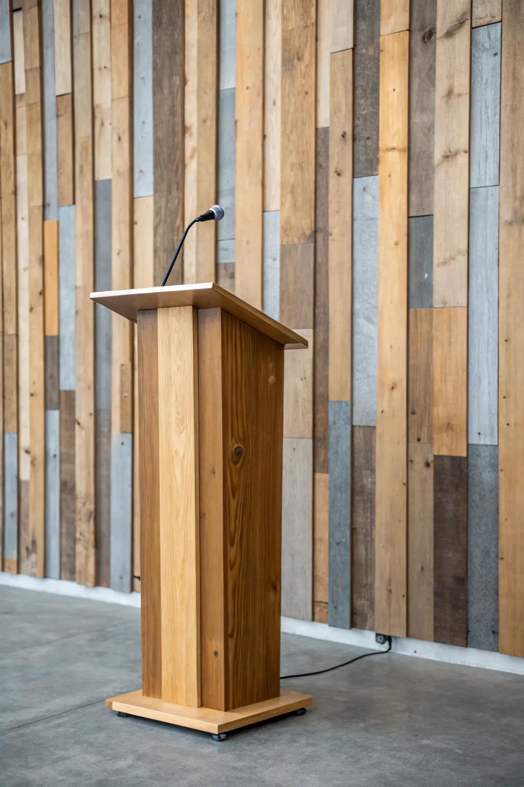 Layered reclaimed wood slats create a warm, textured frame that elevates any podium moment.