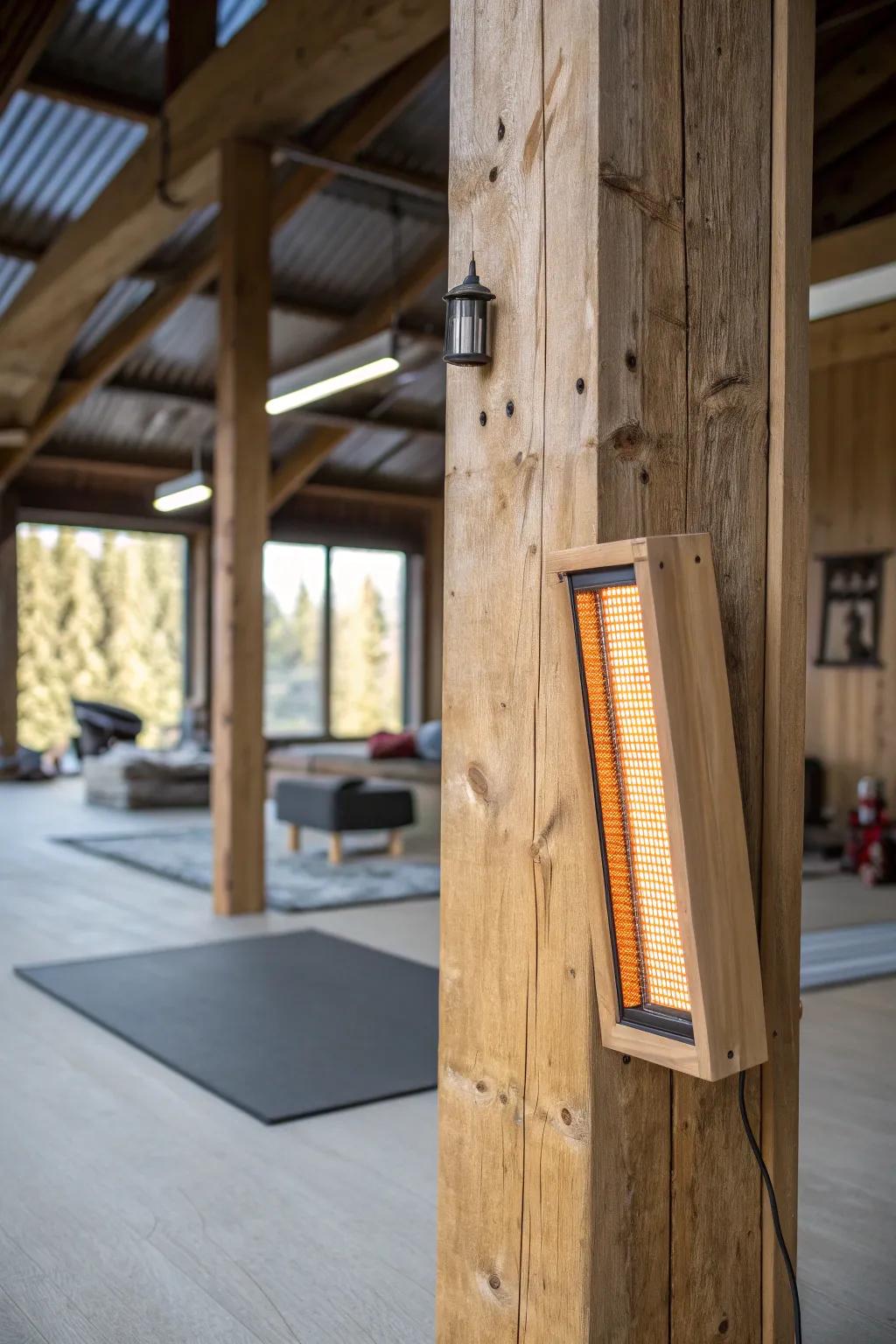 A cozy heated corner makes cold-morning pole barn workouts feel instantly inviting.