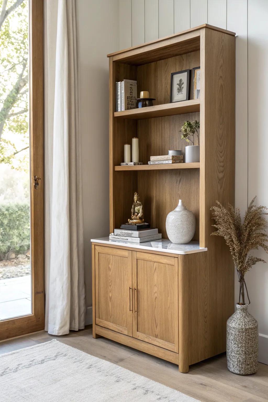 A display hutch with a hidden-in-plain-sight mandir niche, highlighted by a dark wood back panel.