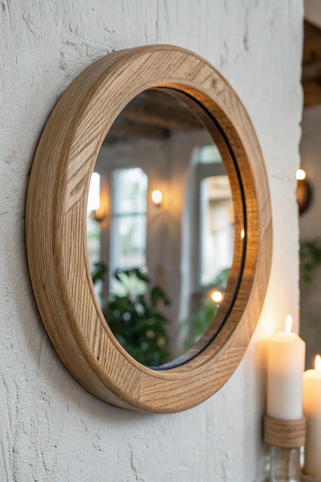 Simple wood-framed mirror accent to brighten a cozy pooja corner with soft diya glow.