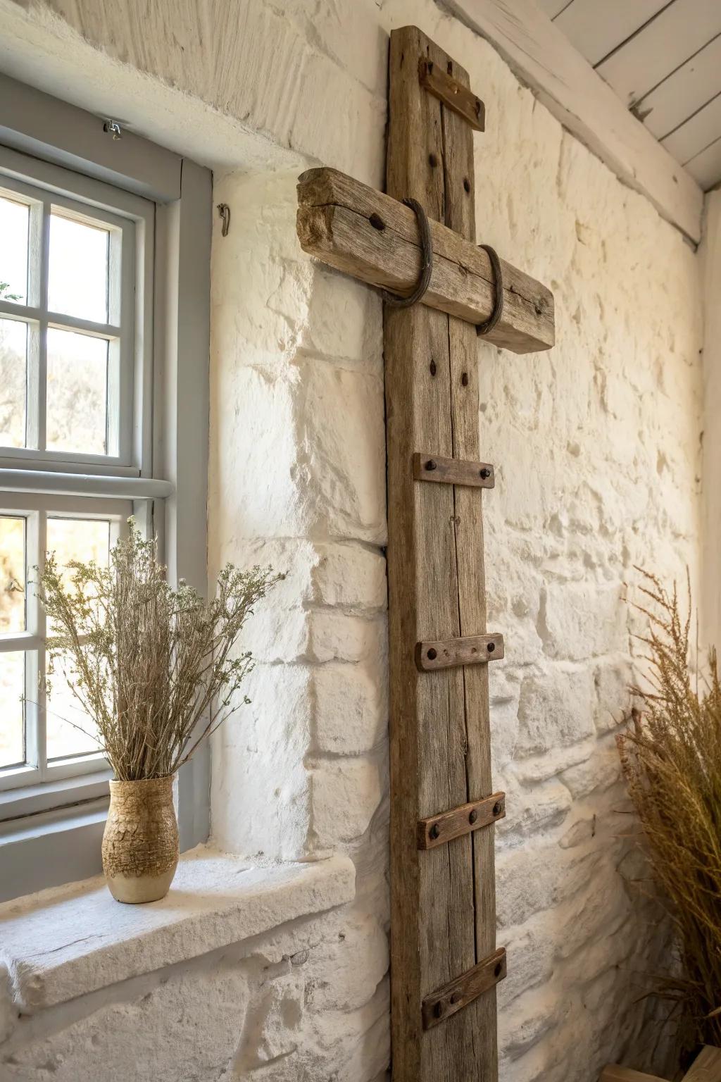 Salvaged spindles + rungs turned into a weathered farmhouse wall crosspiece with quiet charm.