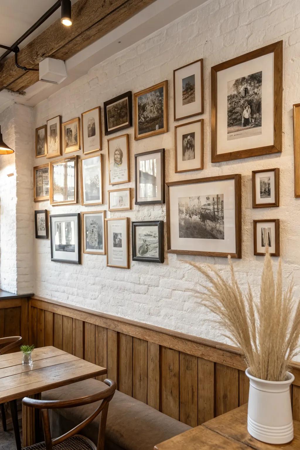 A tight vintage-print gallery wall in mismatched wood frames—instant pub storytelling charm.