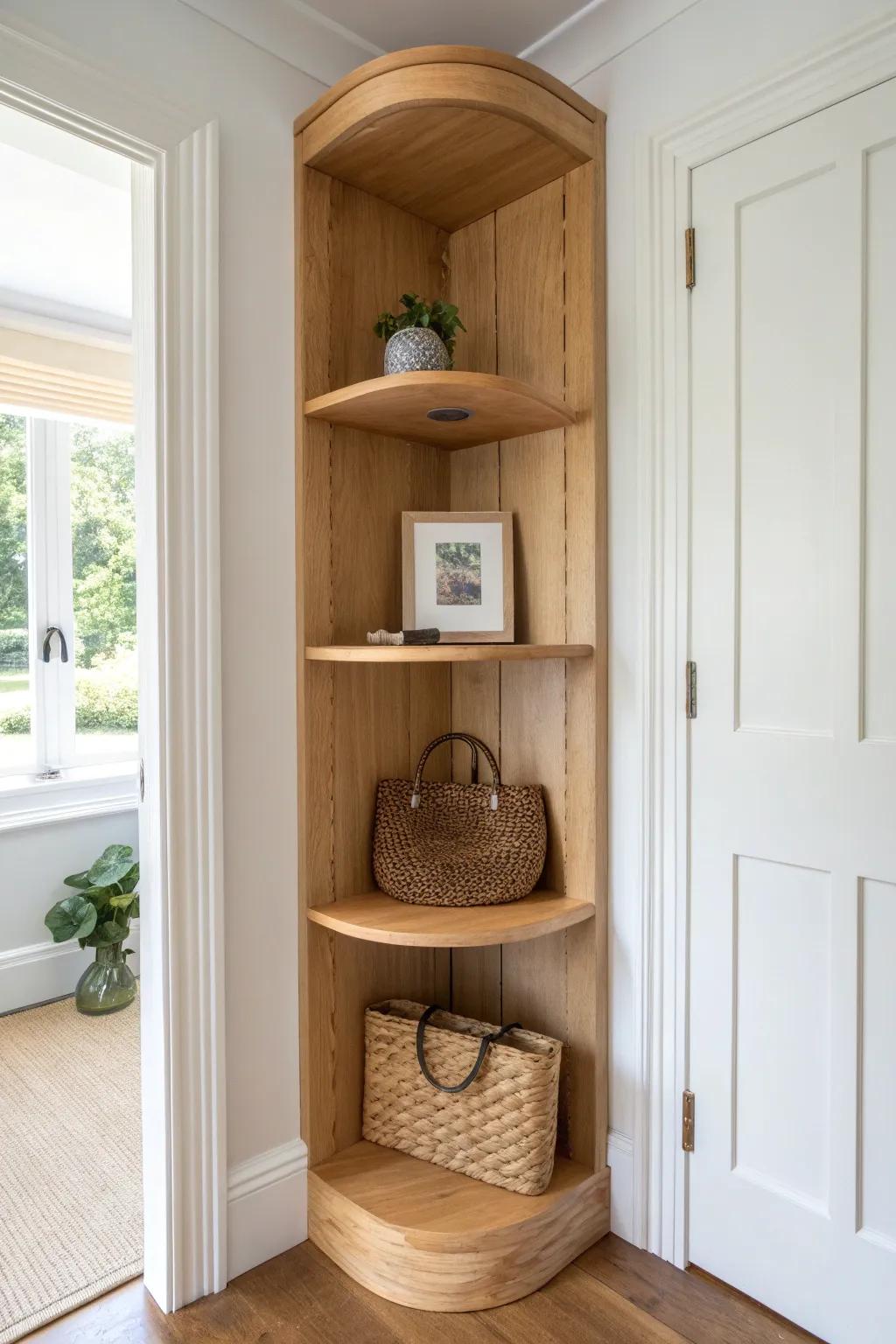Turn a dead corner into gold with a wraparound oak shelf that displays purses beautifully.