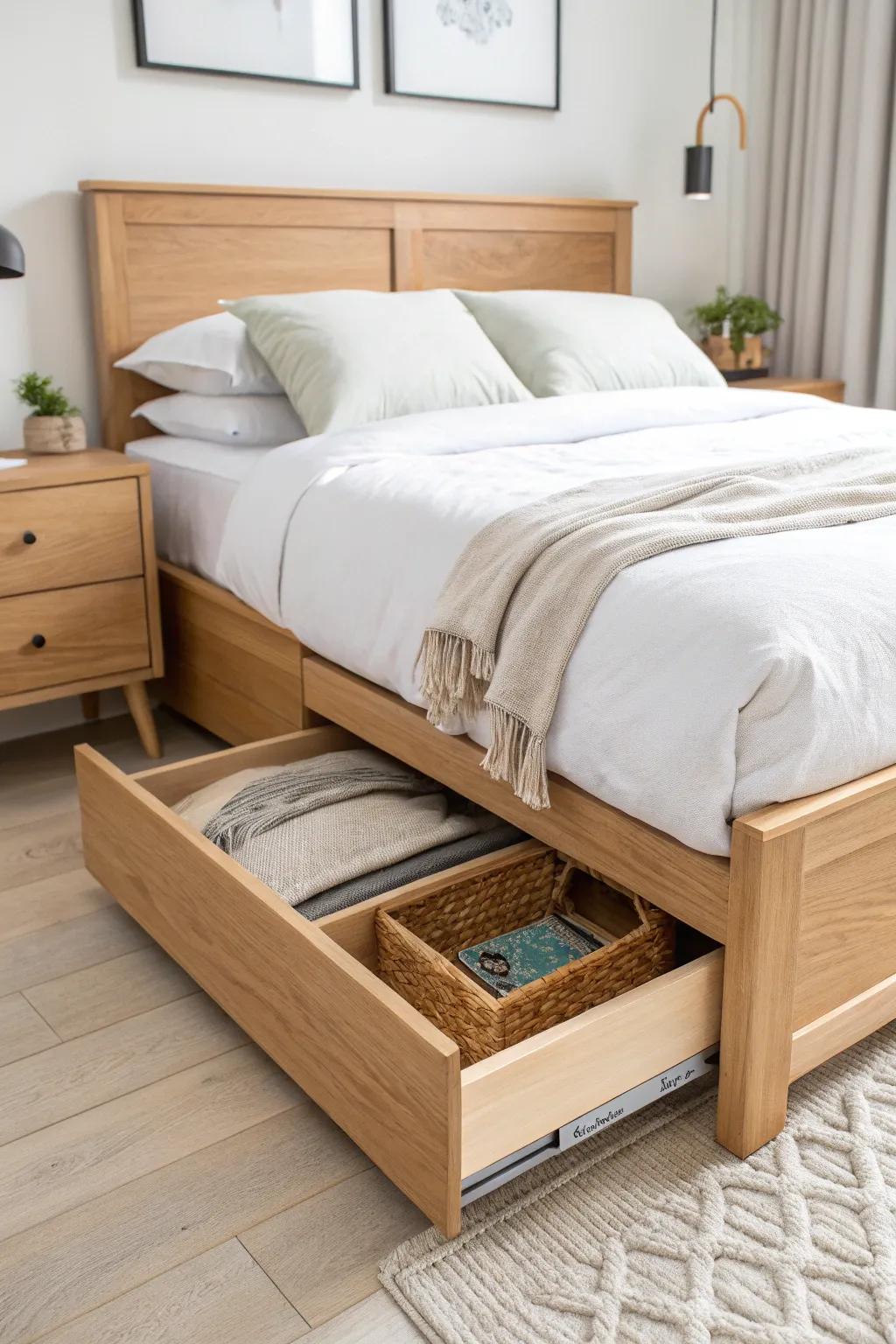 Corner pull-out drawers turn dead bed space into sleek, balanced storage in a queen frame.