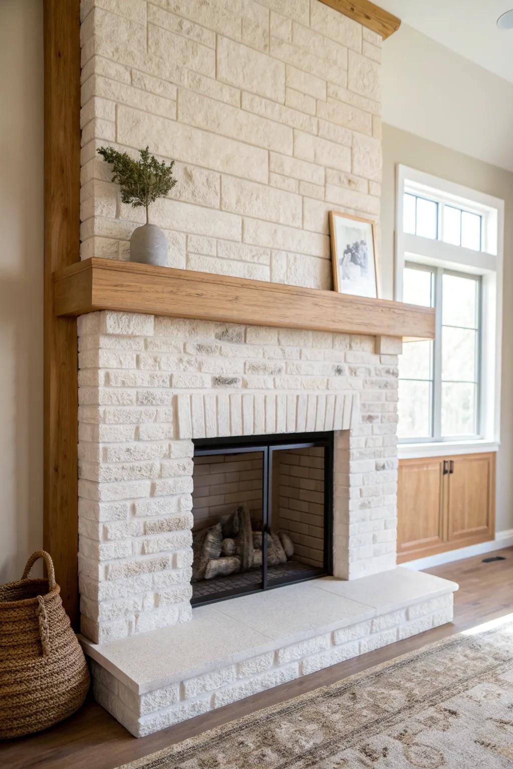 Soft limewash brightens a raised, hearth-free fireplace while keeping beautiful brick texture.