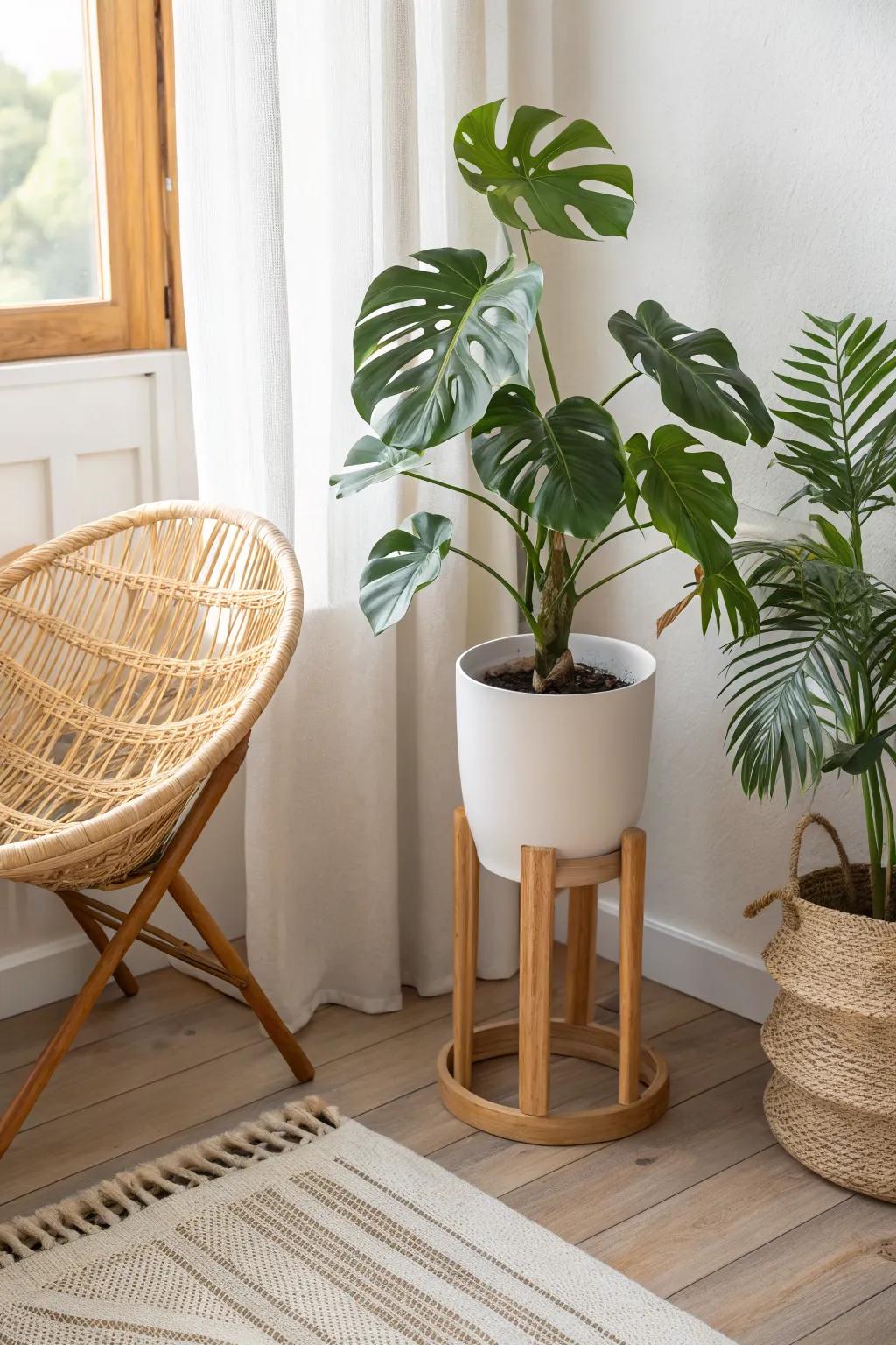 Deep green leaves beside honey rattan—raised on a simple oak stand for effortless balance.