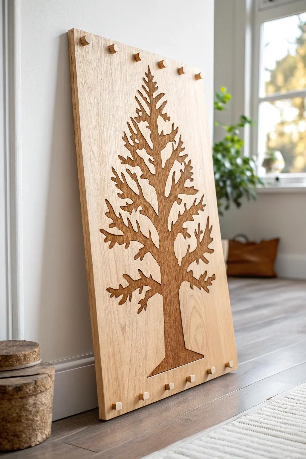 A simple plywood tree silhouette brings a calm forest feel to your classroom reading nook.