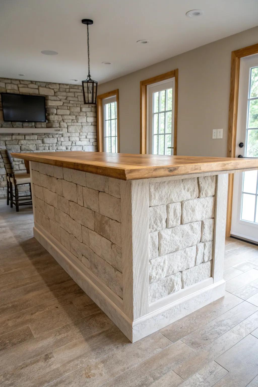 Stone-texture base + warm wood top: a rec room bar that feels rugged, refined, and handmade.