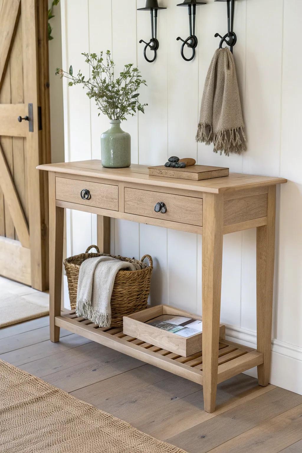 A slim oak console with hooks and a key tray—an inviting drop zone for coats and bags.