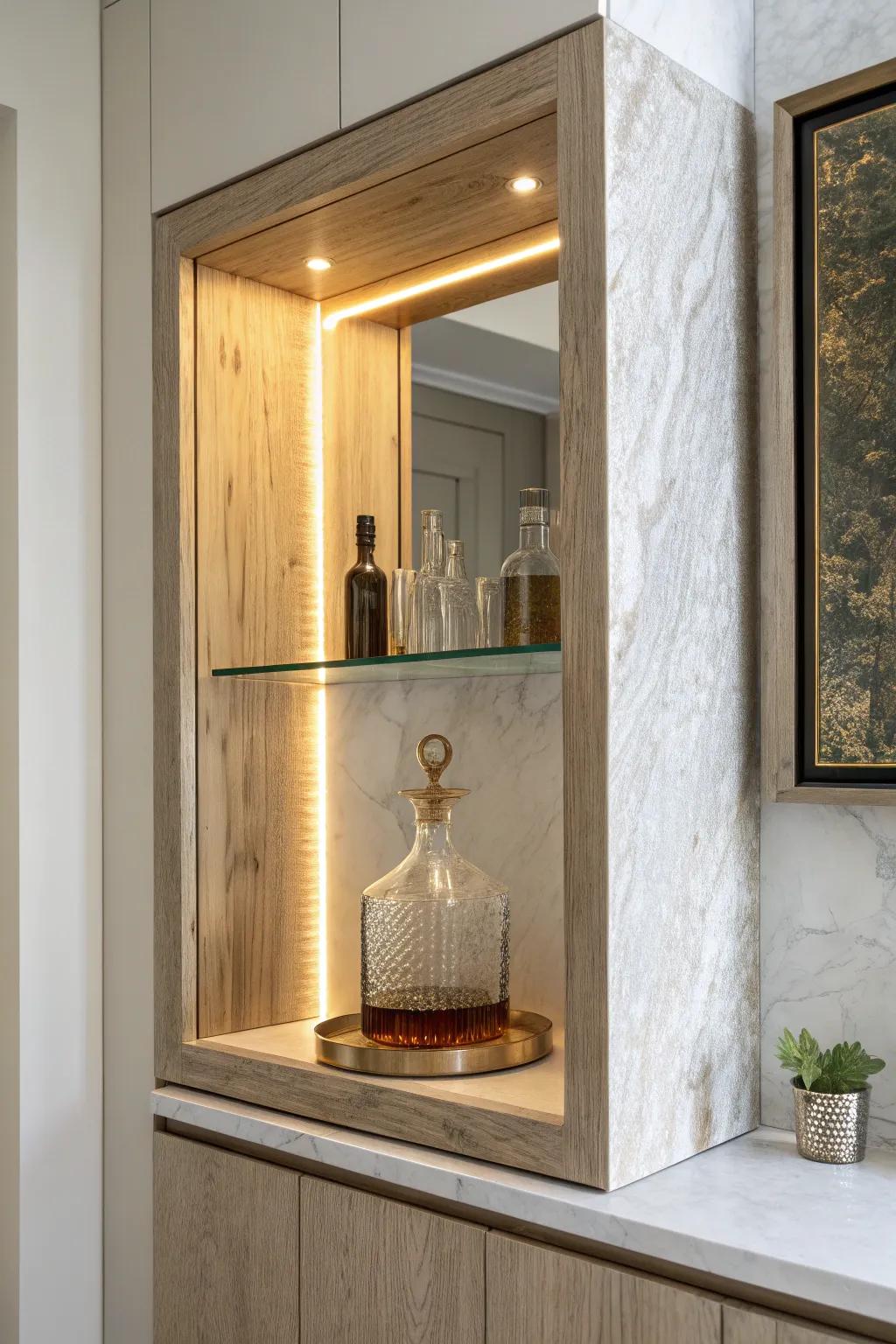 An antique-style mirror back panel doubles the light and adds vintage glam to a recessed bar.