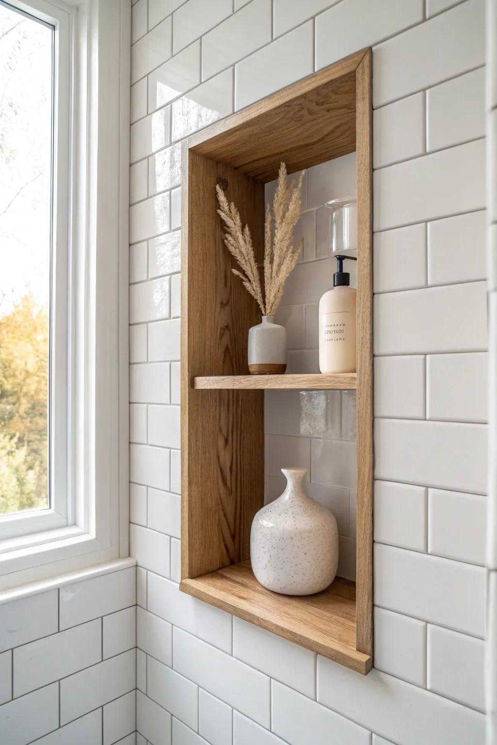 Warm oak meets wipeable tile: a recessed shelf niche that’s chic, clean, and low-maintenance.